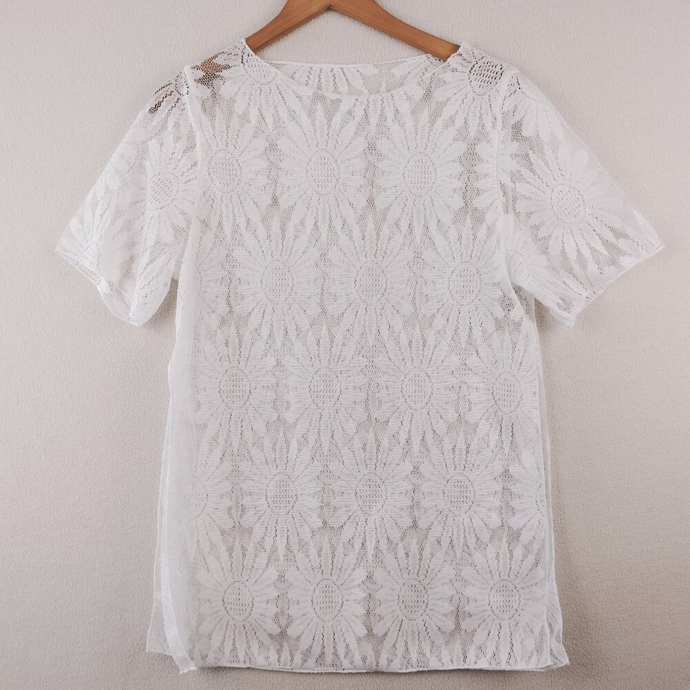 Womens White Floral Open Knit Shear Lacey Beach Coverup Top Size S BOHO Crochet